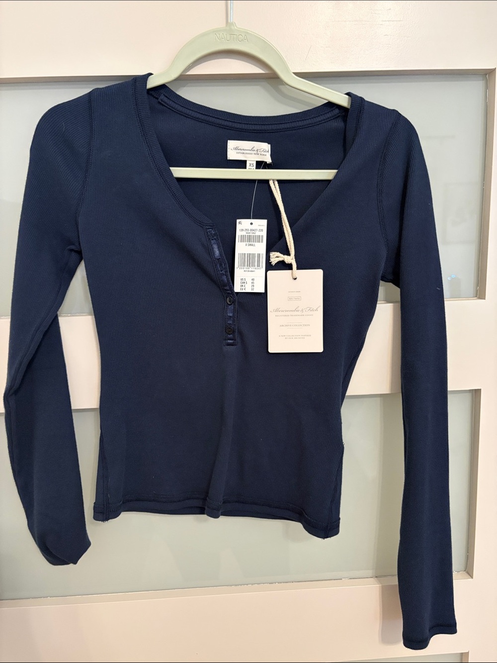 Abercrombie & Fitch Dark Navy Ribbed Henley Long-Sleeve Top